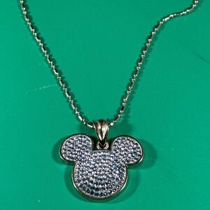 Disney Parks Silver Mickey Necklace, Sparkly Zircon Mouse, Blue Tone Pendant 18”